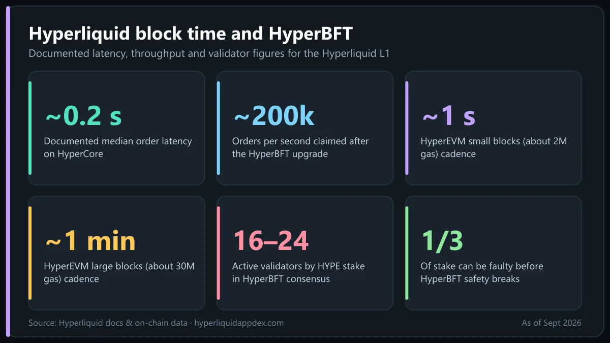 Hyperliquid block time key numbers: 0.2 s median latency, 200k orders per second, 1 s and 1 min HyperEVM dual blocks, 16 to 24 validators