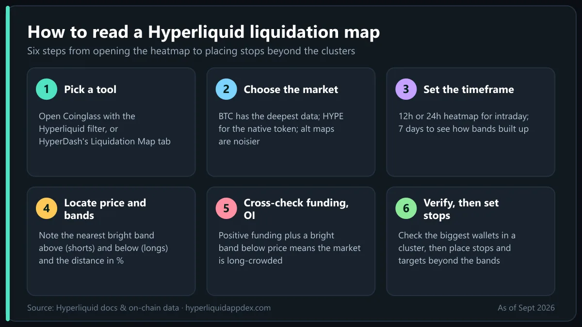 Hyperliquid liquidation map in six steps: pick Coinglass or HyperDash, choose BTC or HYPE, find clusters, check funding and set stops