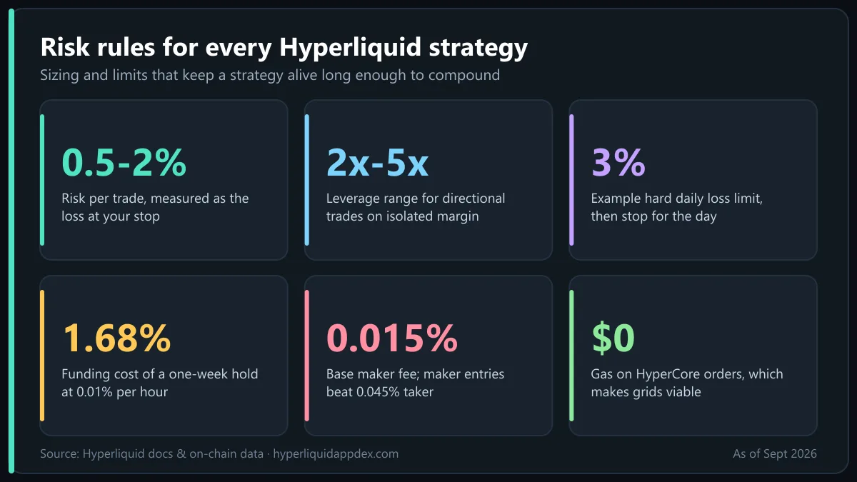 Hyperliquid strategies risk rules: 0.5-2% risk per trade, 2x-5x leverage, 3% daily loss limit, funding cost and zero gas